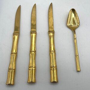 Vtg Supreme Cutlery Japan Cocktail Flatware Stainless Gold Faux Bamboo Handle